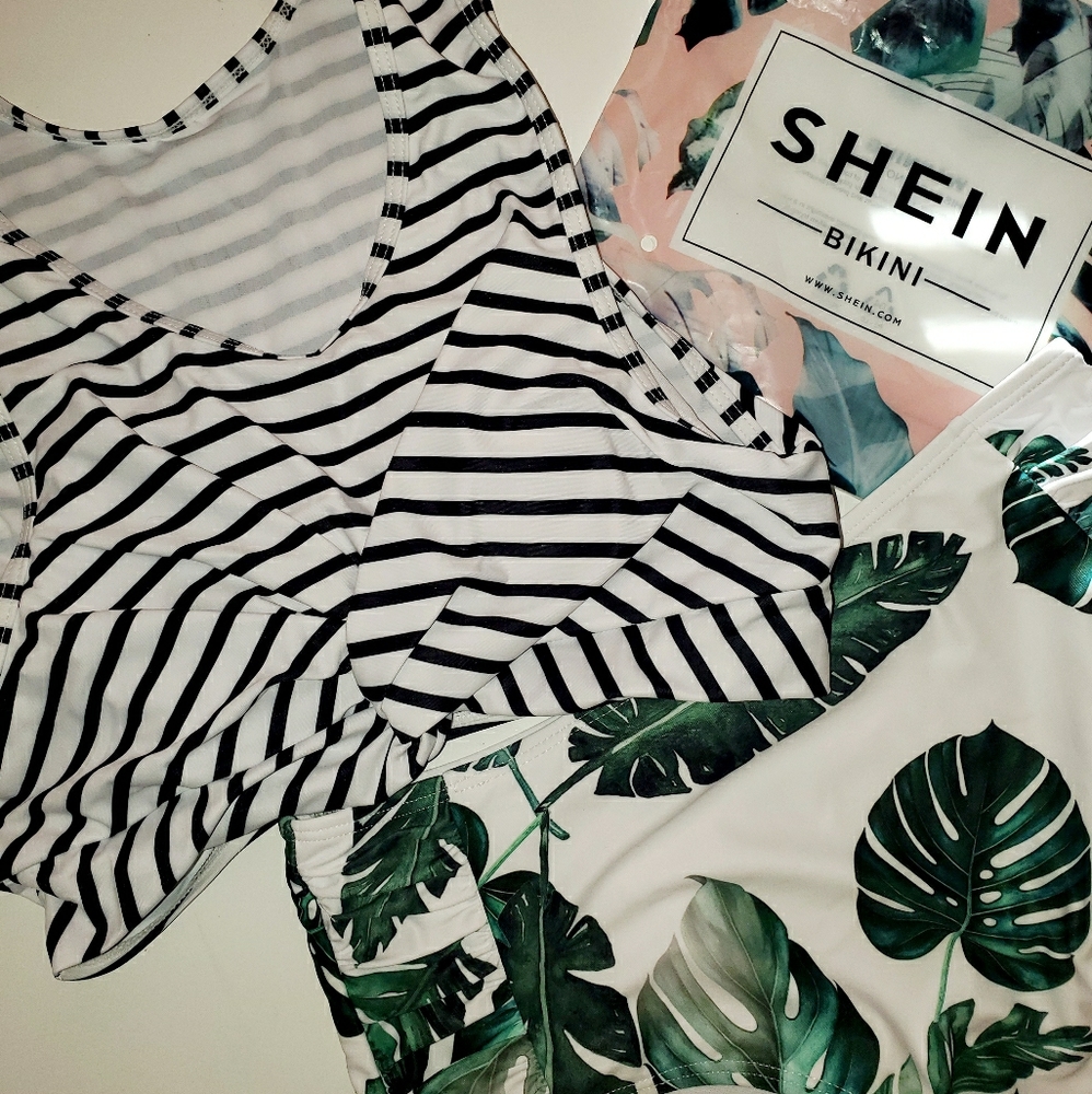 SHEIN Striped & Tropical Print Twist Bikini Swimsu